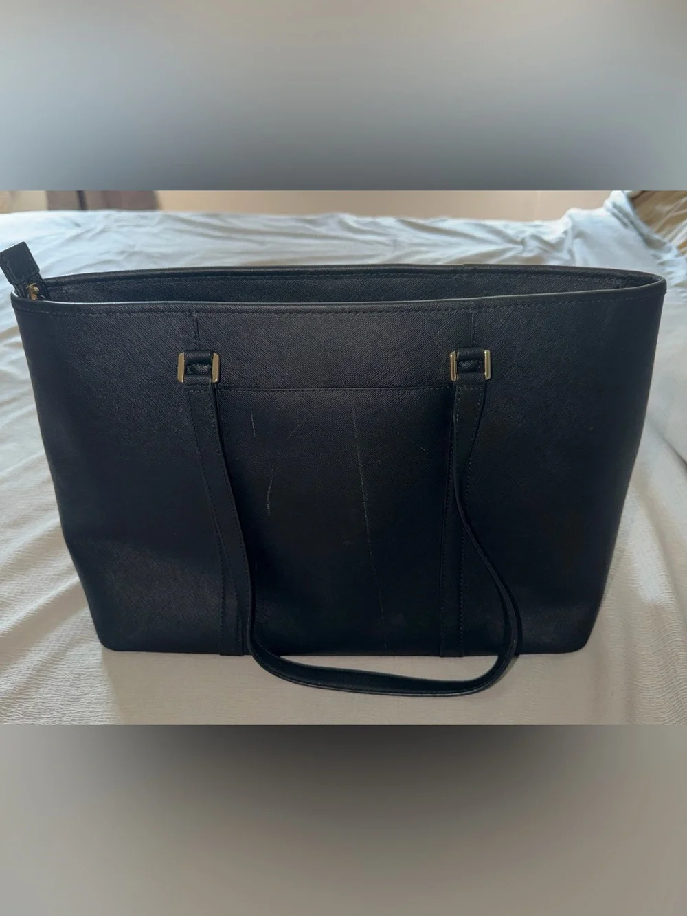 Michael Kors Black Leather Tote with Gold Hardware and MK Charm